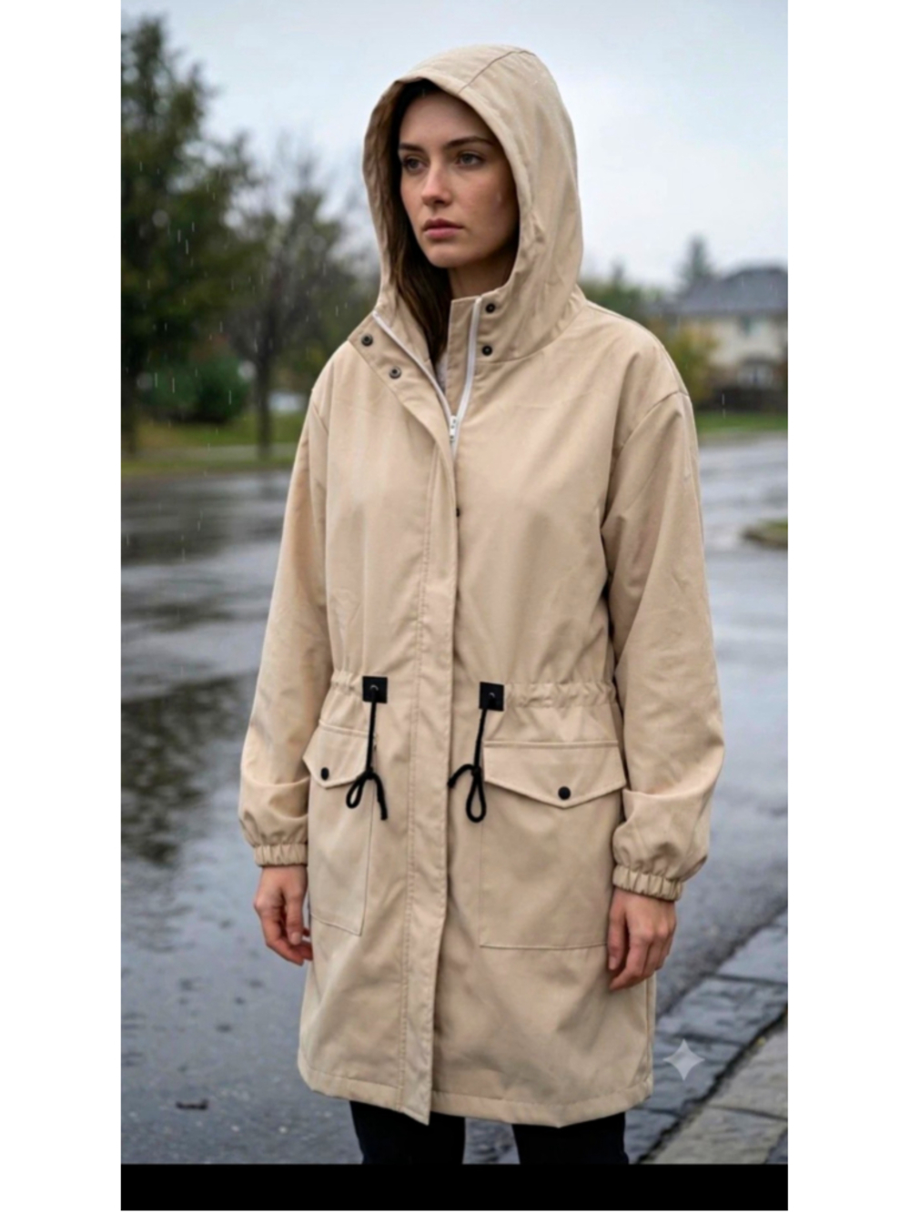 Women’s Beige Hooded Mid-Length Rain Coat Button Drawstring Waist Pockets